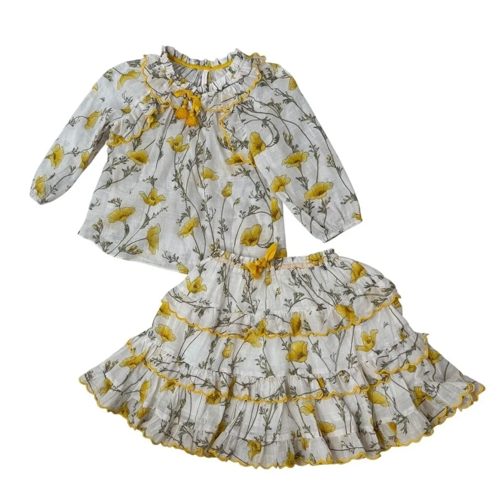 Zimmermann Jeannine Matching Skirt Set Yellow Floral Girls 6/8 Logo Print